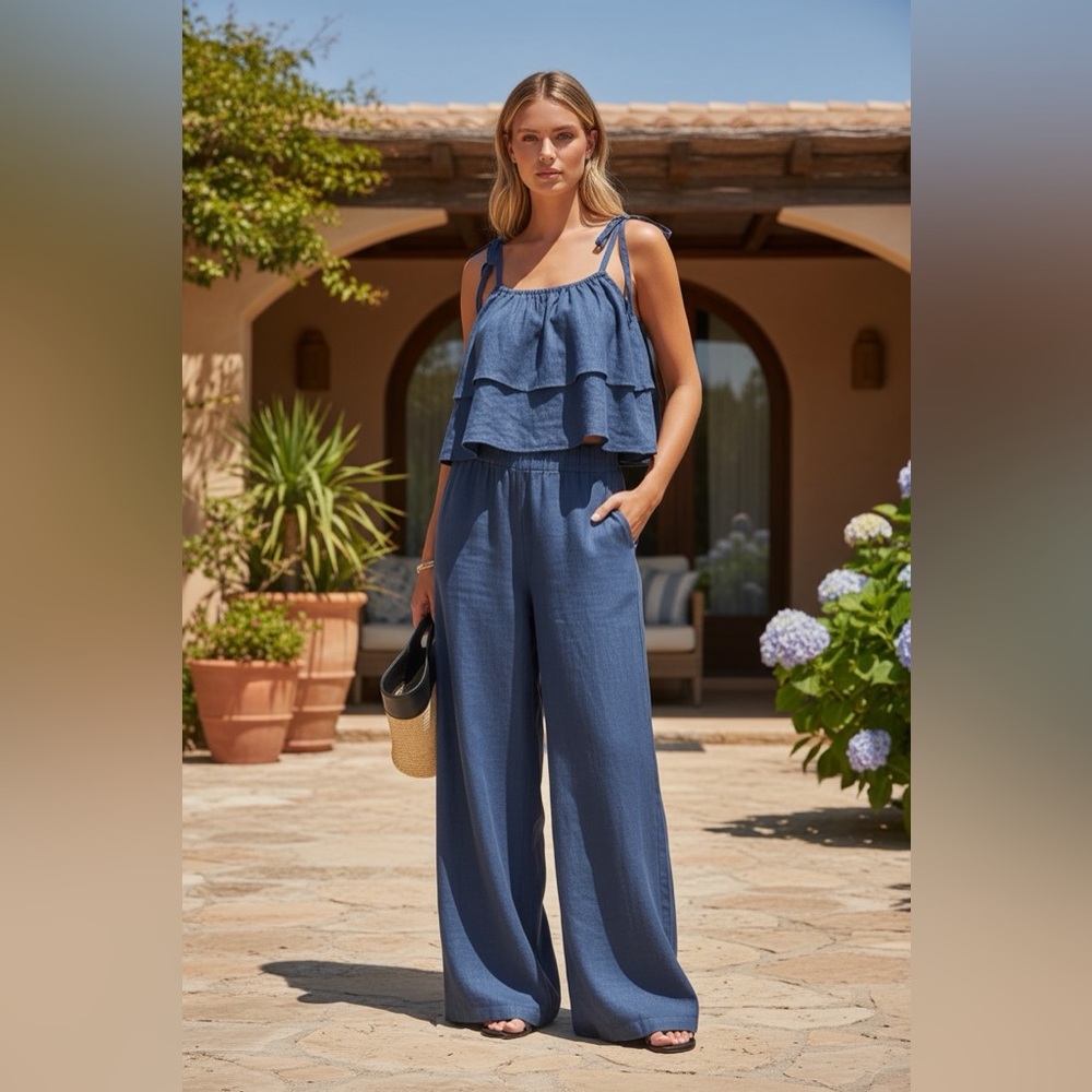 Royal Blue Ruffle Crop Cami Wide Leg Pants Set Beach Resort - Picture 5 of 6